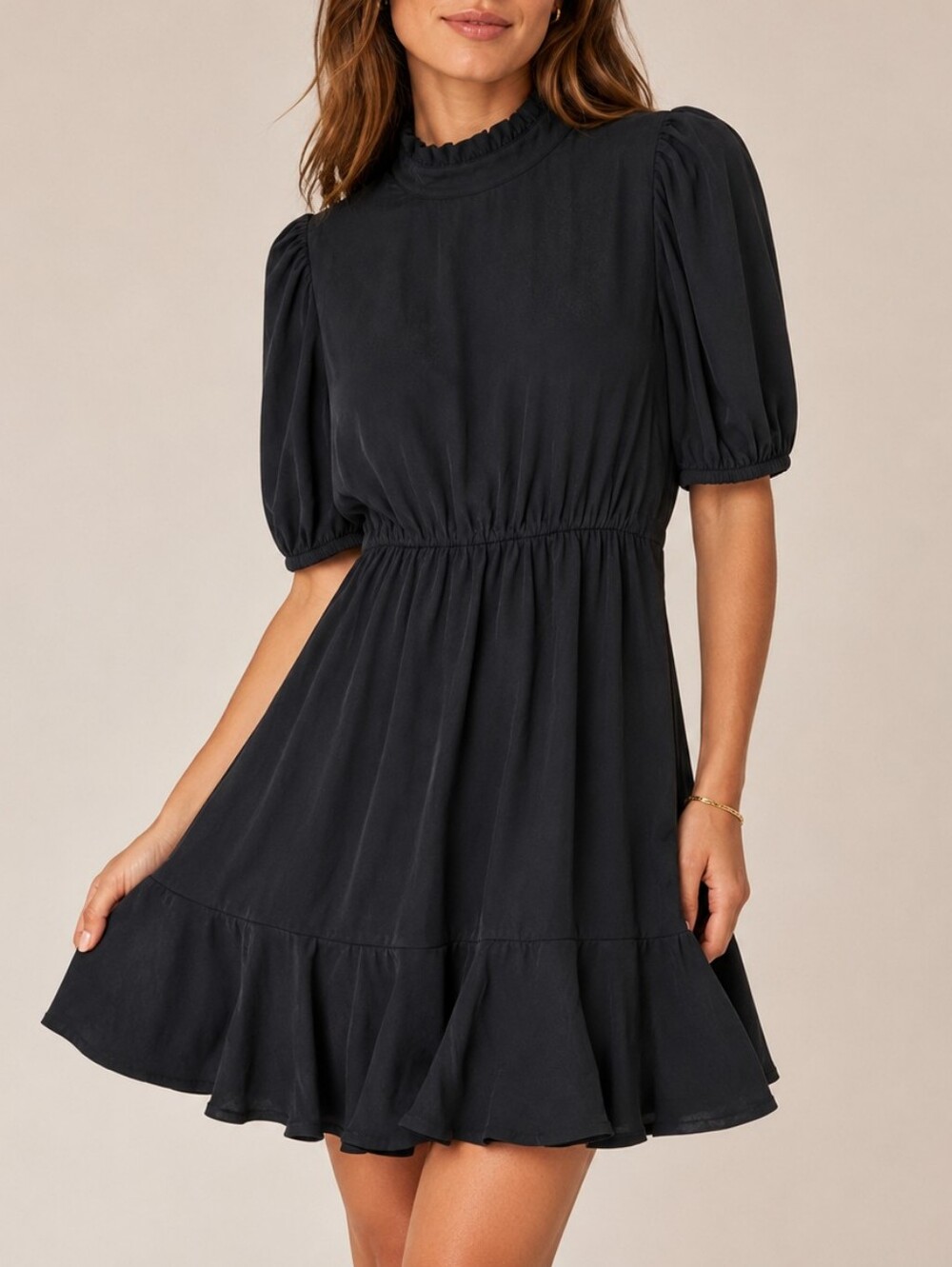 THML Black Flutter Mock Neck Puff Sleeve Mini Dress Women's Medium LBD Coquette